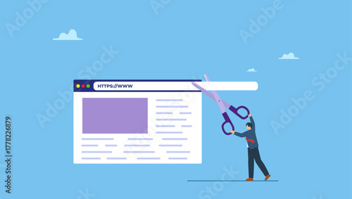 Businessman holding scissor to cut website URL address bar. Shorten URL marketing short website address for easy online marketing campaign.