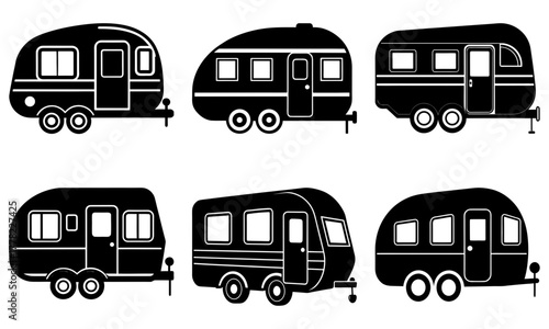 Vintage camper collection for travel and adventure designs, featuring classic recreational vehicle silhouettes perfect for summer vacation themes