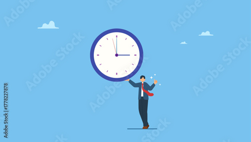 Punctual businessman holding clock with precise timing. Punctuality, being on time for appointment or schedule, finish work within deadline or timing, meeting reminder or time management.