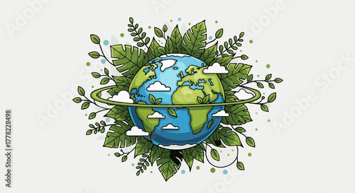 Vector illustration of Earth surrounded by green leaves and plants, symbol of nature protection and ecology.