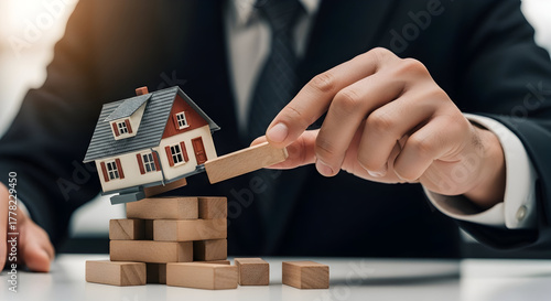 Hand stabilizing miniature house on precarious wooden blocks, symbolizing real estate investment, market risk, and property stability.