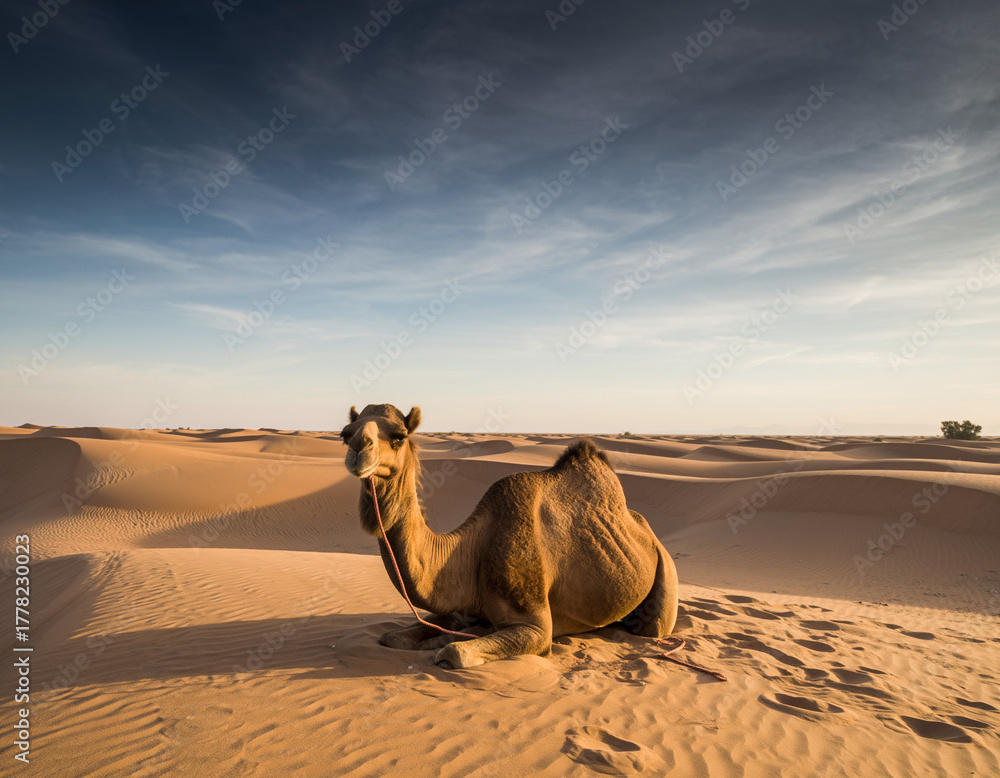 Fototapeta premium A majestic dromedary camel resting peacefully on a golden sand dune.
