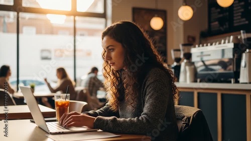 Young Woman Working on Laptop in Cafe with Iced Coffee and Sunlight Streaming Through Window