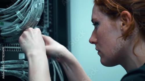 Woman works with cables in a server room hands manipulating network connections