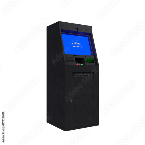 A detailed 3D rendering of a modern ATM machine with a blue digital screen, keypad, and card slot. The realistic hard-surface model represents banking, finance, money withdrawal, and transaction.