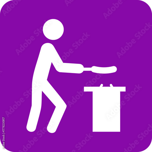 White stick figure person cooking a sausage over a trash can on a purple background