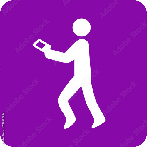 White silhouette of a person walking while holding and looking at a tablet computer on a purple background