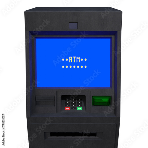 A detailed 3D rendering of a modern ATM machine with a blue digital screen, keypad, and card slot. The realistic hard-surface model represents banking, finance, money withdrawal, and transaction.