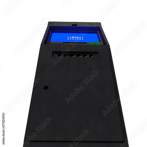 A detailed 3D rendering of a modern ATM machine with a blue digital screen, keypad, and card slot. The realistic hard-surface model represents banking, finance, money withdrawal, and transaction.