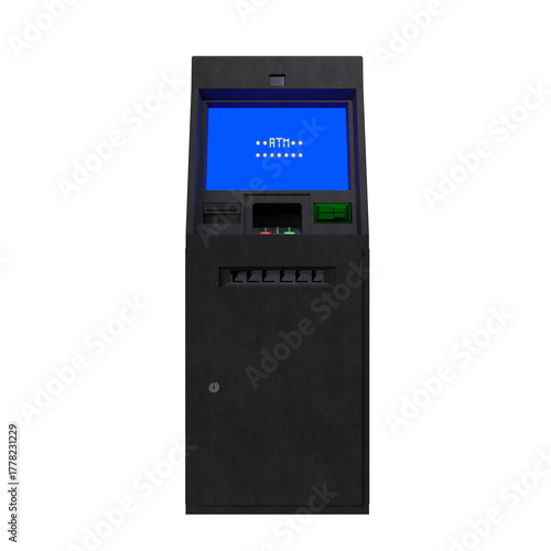 A detailed 3D rendering of a modern ATM machine with a blue digital screen, keypad, and card slot. The realistic hard-surface model represents banking, finance, money withdrawal, and transaction.
