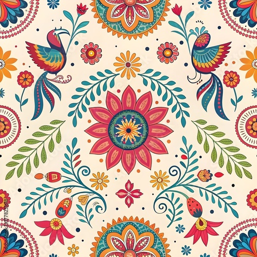 Vibrant floral fiesta pattern with exotic birds, perfect for textiles and festive designs, bright and colorful, a touch of folk art charm