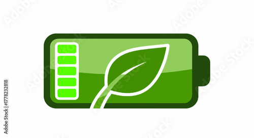 Vector icon of green battery with leaf symbol and clean energy indicator, flat modern design.
