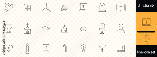 Christianity Religion icon set. Contain linear symbols pray, spirit, prayer, Catholicism, Christ. Church modern icon set. Minimal thin line web icons set
