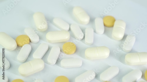 Assorted colorful pills and capsules, vitamin food supplements drugs Medicine softgel medical