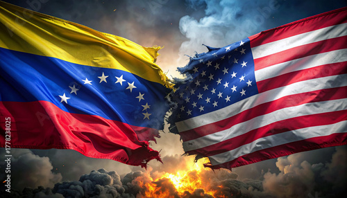 Torn Venezuelan and American flags amidst smoke and fire, symbolizing conflict and tension in a dynamic and visually striking way for news or editorials