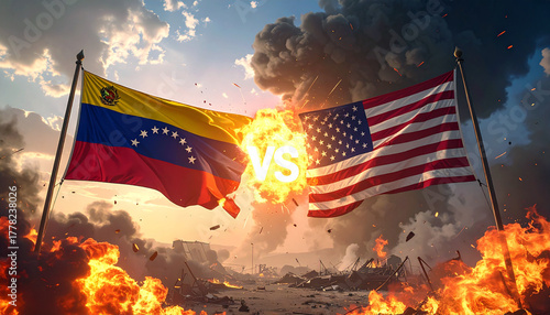 USA versus Venezuela flags clashing amidst fire and smoke, symbolizing conflict and international tension, suitable for news, politics, or global events visuals