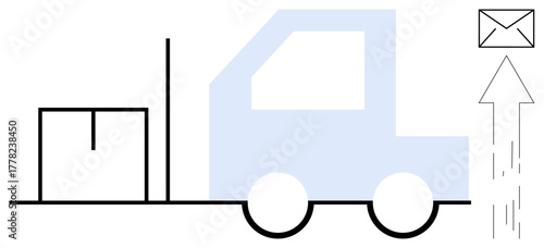 Truck carries a package with an email flying up to symbolize transport, shipment, and digital communication. Ideal for logistics, delivery, postal services, e-commerce, connectivity, technology