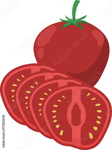 Whole and Sliced Red Tomato Vector Illustration. Fresh, Ripe Vegetable with Seeds for Cooking and Healthy Eating.