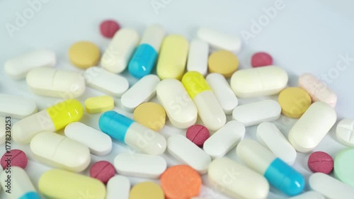 Assorted colorful pills and capsules, vitamin food supplements drugs Medicine softgel medical