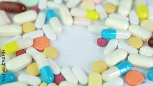 Assorted colorful pills and capsules, vitamin food supplements drugs Medicine softgel medical