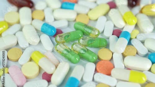 Assorted colorful pills and capsules, vitamin food supplements drugs Medicine softgel medical
