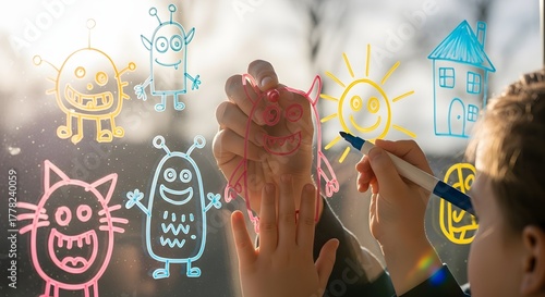 Whimsical Window Art: Child and Adult Hands Create Playful Monster Drawings and Sun on a Glass Surface with Markers, Evoking Creativity and Fun