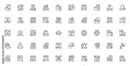 Online Shopping icon set. Vector illustration pack. ncludes symbols for Save mney, Delivery, Discount, Cupon, Shopping cart, Paymet, Online store, Refund, Sarch and more. Editable stoke.