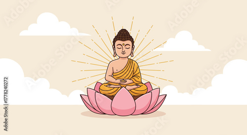 Illustration of an enlightened master meditating peacefully on a pink lotus flower with a radiant aura