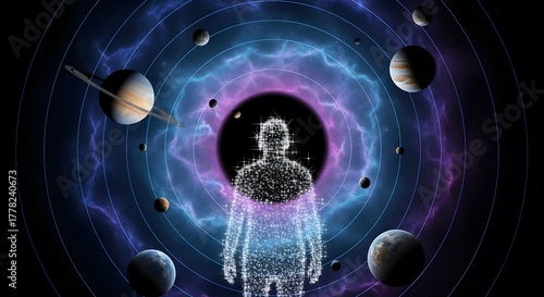 Digital human figure surrounded by planets and cosmic energy in a stylized solar system