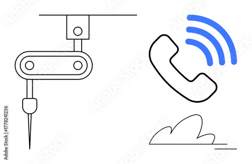 Robotic arm performing task next to ringing telephone receiver with sound waves. Ideal for automation, customer support, smart technology, innovation, communication, connectivity, minimalistic