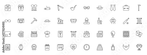 Fathers Day icon set. Vector illustration pack. Incldes symbols for gift, tie,watch, beer, cigar, tools,card, heart, golf and more Editable stroke.