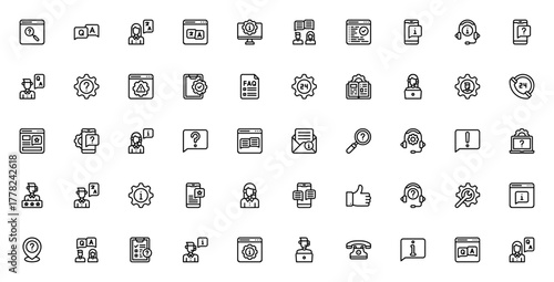 Tech Support icon set. Minimal line vector icons pac. Includes symbols for cusomer service, FAQ, chat, sttings, translation, suppot and more. Editable strok.
