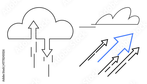 Clouds with upward and downward arrows portray atmospheric cycles, while dynamic arrows highlight air movement, elevation, and upward trends. Ideal for meteorology, climate, energy flow, dynamics