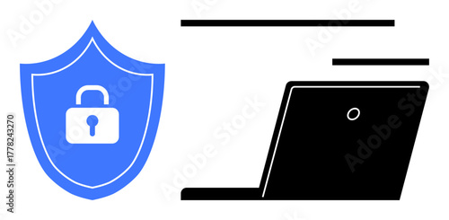 Shield with lock representing protection beside a laptop symbolizing technology and security. Ideal for data protection, online privacy, cybersecurity, secure devices, IT solutions, information