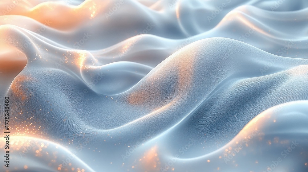 Fototapeta premium Abstract rendered wavy cloth, lit from above, creating an ethereal glow and depth with particles
