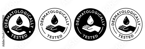 Set dermatologically tested vector label with water drop, leaf and hand logo. Dermatology test and dermatologist clinically proven icon for allergy free and healthy safe product package tag.