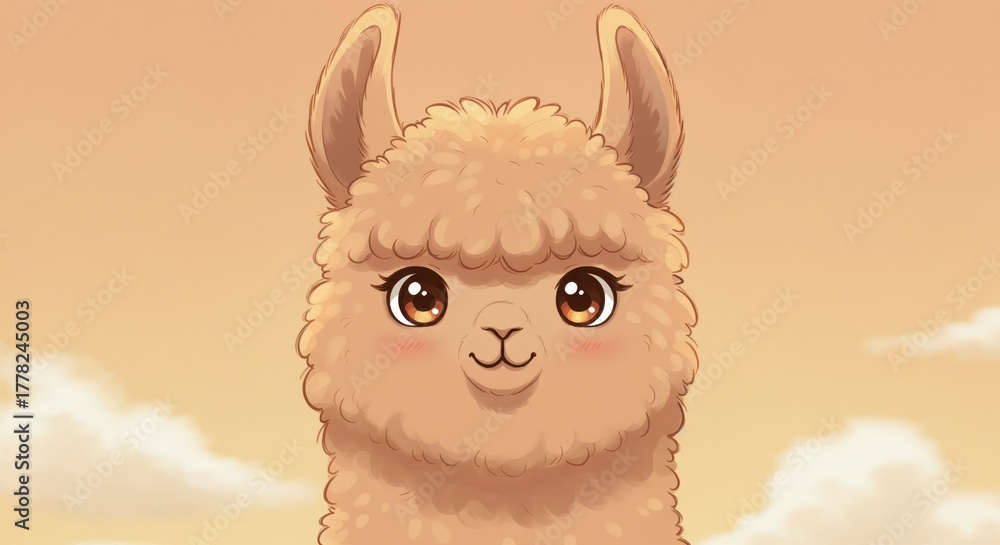 Naklejka premium Sweet Alpaca Portrait: A charming alpaca gazes serenely, its soft, fluffy fleece and gentle eyes radiate warmth, capturing the essence of tranquility.
