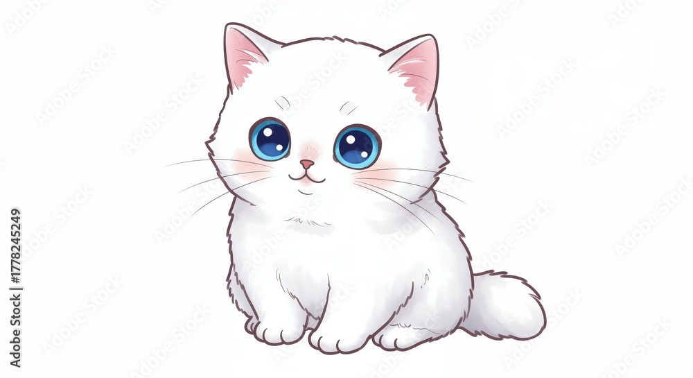 Obraz premium A Playful Kitten's Charm: A fluffy white kitten, with captivating blue eyes, sits poised, exuding innocence and charm. A heartwarming portrayal of feline beauty.