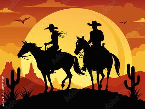 cowboy horse riding on the desert sunset vibes