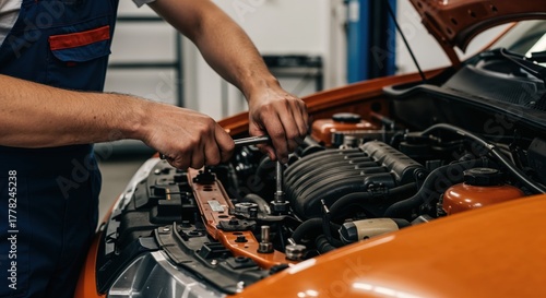 Mechanic Servicing an Automobile: A skilled mechanic meticulously examines the intricate engine compartment of a car, showcasing a dedication to vehicle maintenance and repair.