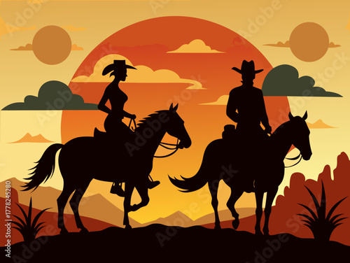 cowboy horse riding on the desert sunset vibes