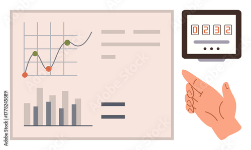 Hand gesture towards financial bar charts, line graphs, and a scoreboard. Ideal for analysis, business growth, performance tracking, metrics, data monitoring, decision making simple flat metaphor