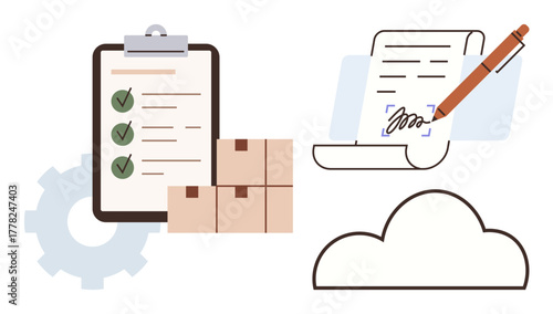 Clipboard with checklist, shipping boxes, signed document, and cloud symbol. Ideal for logistics, inventory, task management, e-signature cloud services workflow organization. Simple flat metaphor
