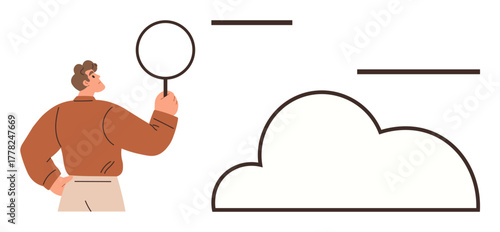Person holding magnifying glass analyzing abstract cloud and data lines. Ideal for technology, analytics, cloud computing, investigation, problem-solving, research, and exploration. Simple flat