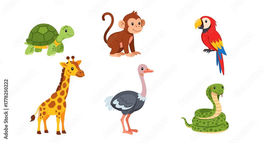 Fototapeta premium Adorable cartoon animals ready for playtime fun including a giraffe, monkey, parrot, snake, turtle, and ostrich perfect for children's learning materials
