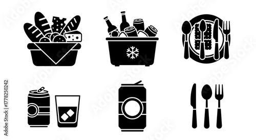 Elevate Your Picnic Designs with this Charming Icon Set featuring Baskets, Refreshments, and Place Settings for Summer Gatherings and Outdoor Events