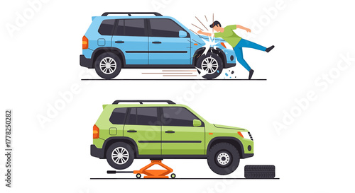 Dealing with car troubles and accidents, showing a flat tire being changed and a person flying from a car crash, ideal for insurance or repair concepts