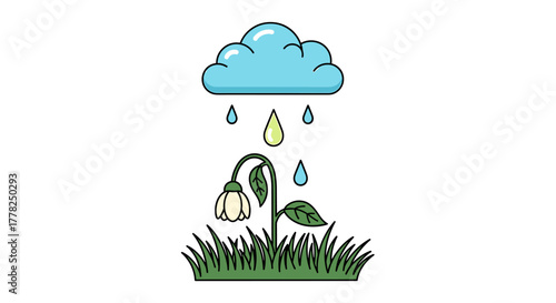 Sad drooping flower getting rain from a cartoon cloud needing care and attention in a green field, bringing life and hope, climate change concept