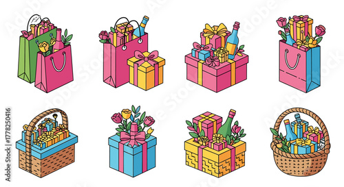 Vibrant gift assortments, festive presents, and celebratory baskets overflowing with joy and thoughtful surprises for every occasion