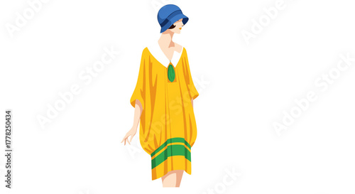Elegant 1920s flapper woman in vibrant yellow dress and blue cloche hat, capturing timeless fashion and vintage style
